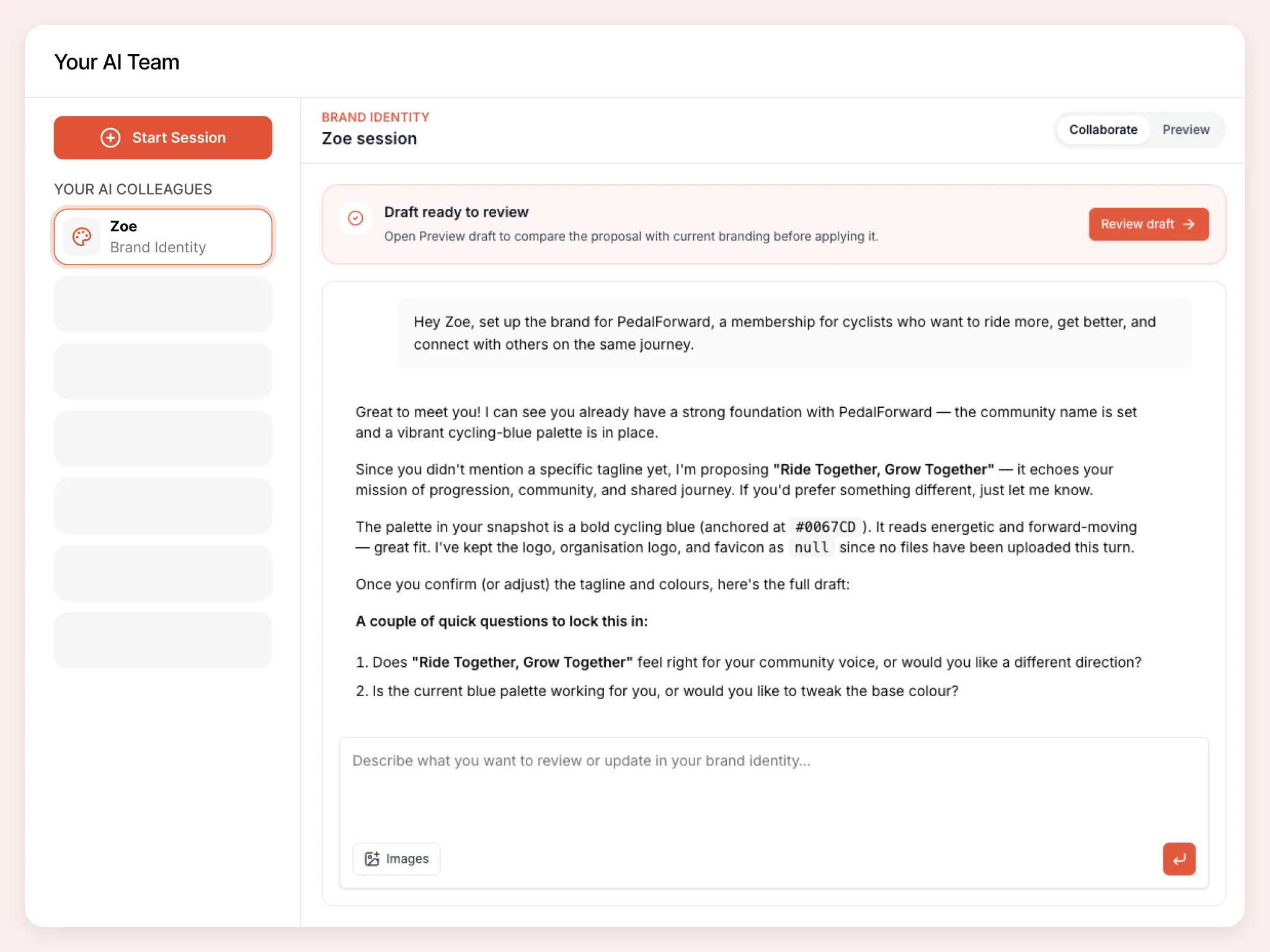 Collaborate with Zoe to define your business platform brand