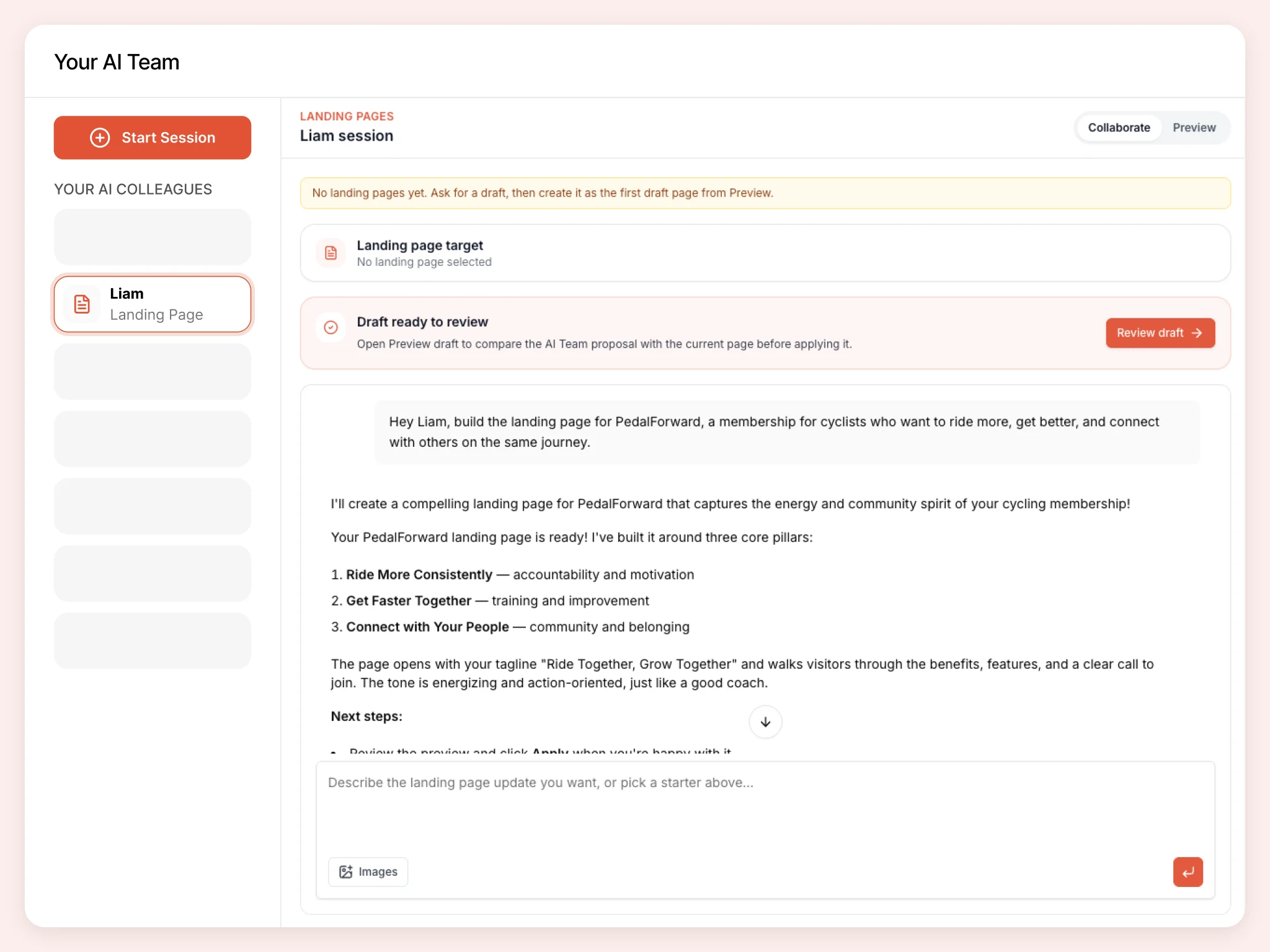 Collaborate with Liam to draft your customer offer landing page