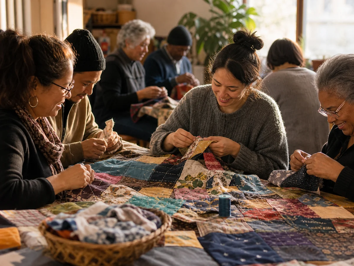 Residents joining fabric pieces at a neighbourhood workshop.