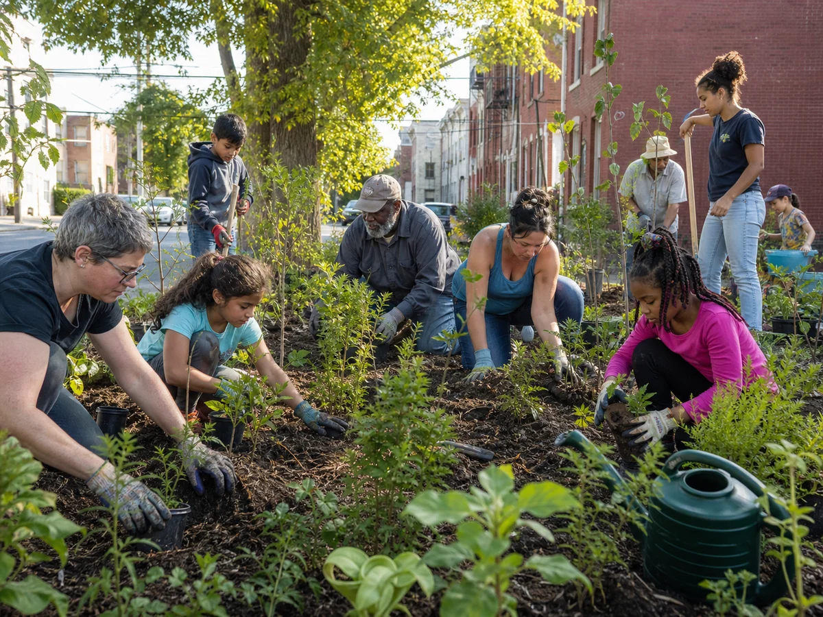 Residents planting small trees in a tiny urban green space.