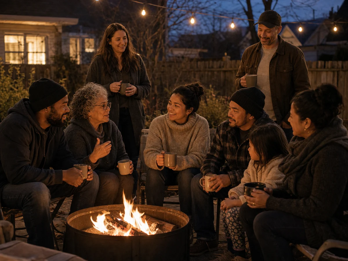 Residents gathered around a safe outdoor firepit.