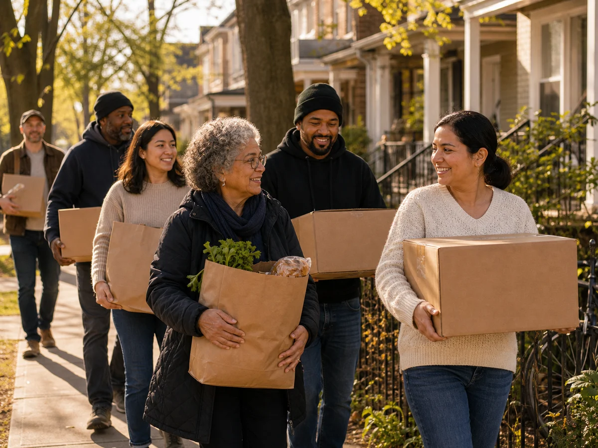 Volunteers carrying parcels along a residential street.