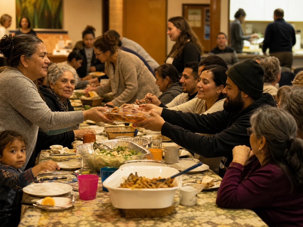 Neighbours sharing food around a community table.