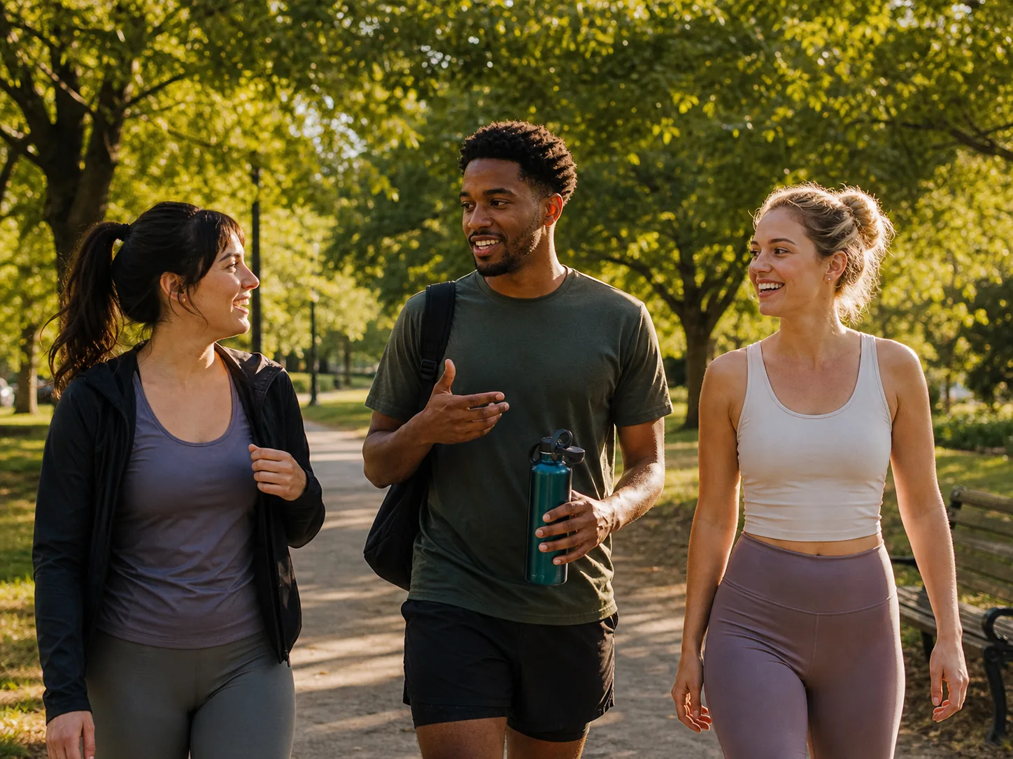 Three people walking and talking through a sunny park