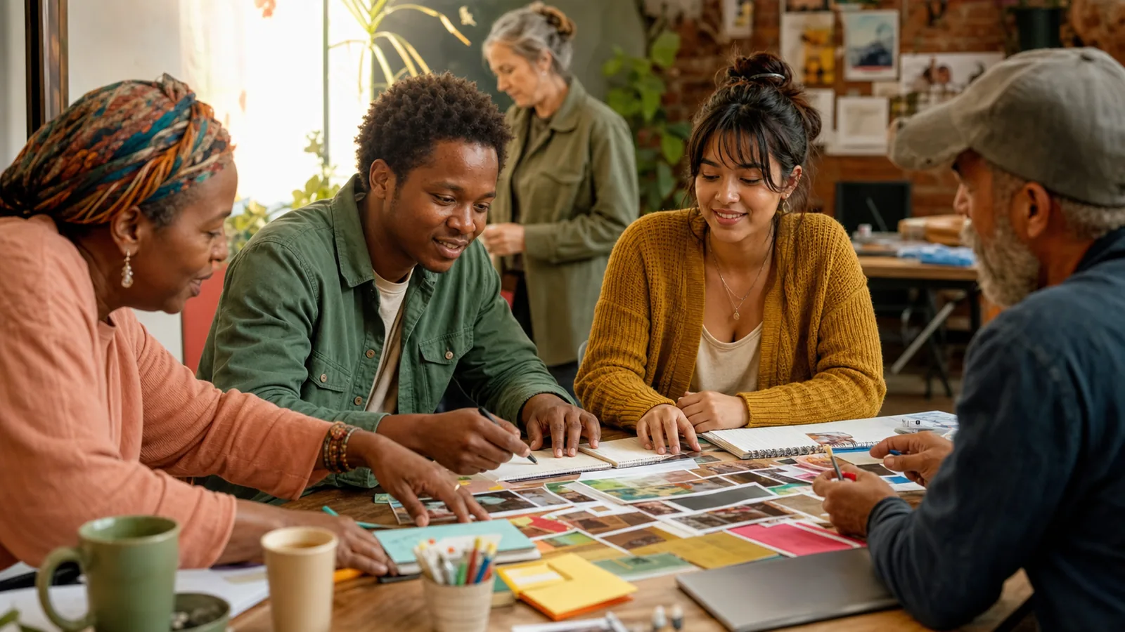 A mixed-age group planning together around a table of materials