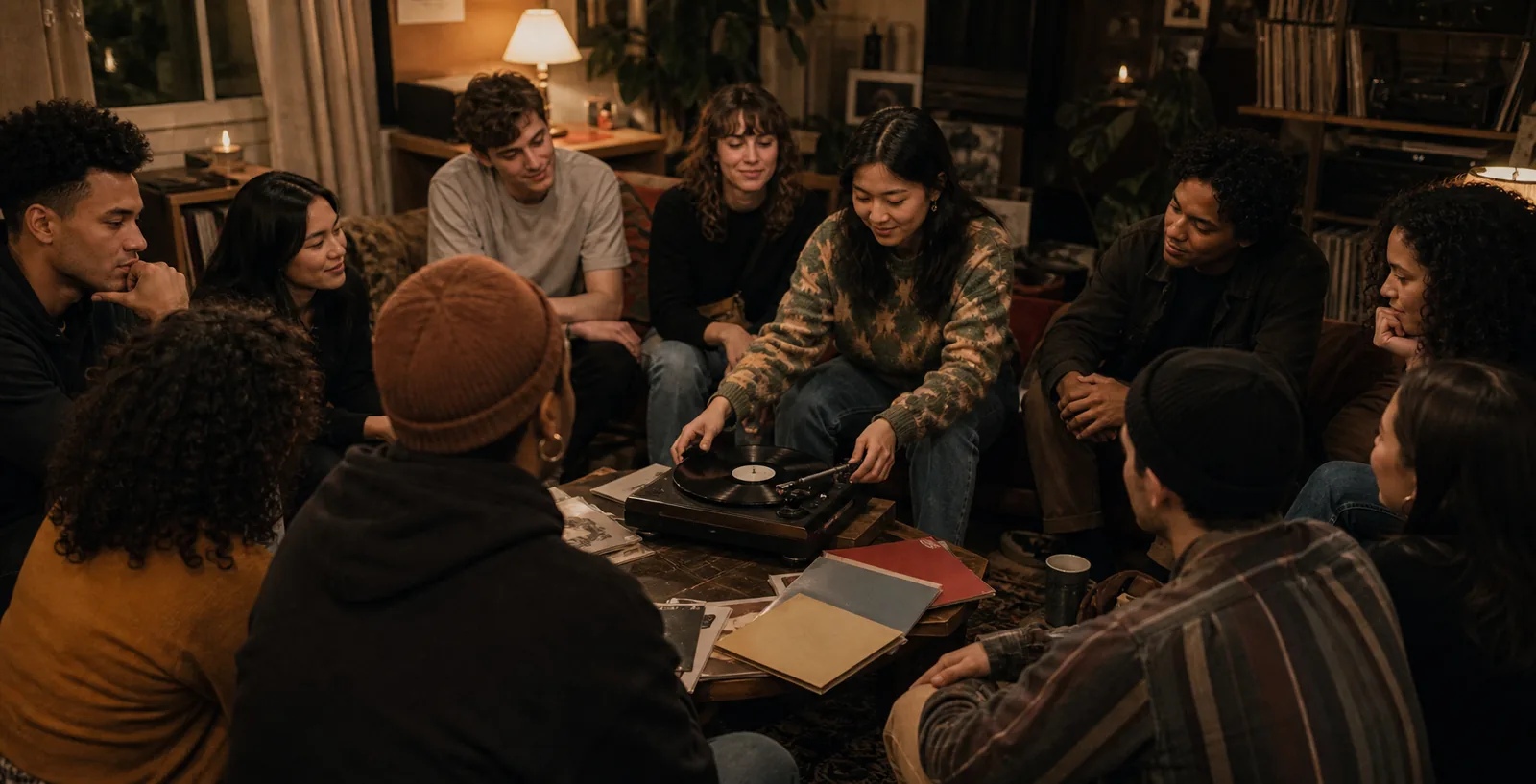 People lingering after a warm community gathering between a hall and courtyard