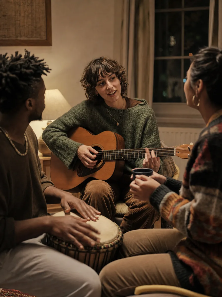 A small music and conversation circle in a warm community room
