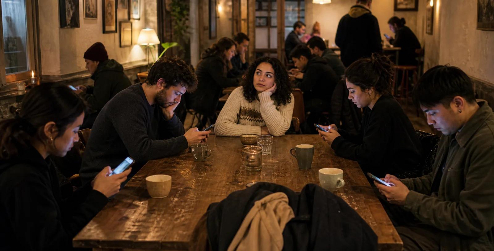 Someone turning away from a phone toward people gathered in conversation